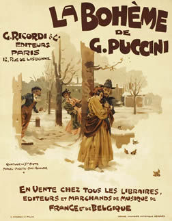 Rodolphe and Mimi embrace in park, Marcel and Musette observe behind  trees, city scene, birds; brown, blue