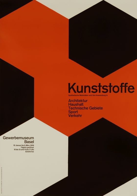 Interlocking geometric shapes; red, black, white