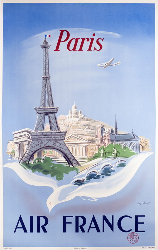 Bird flies below Eiffel Tower and Parisian monuments; blue, white, red