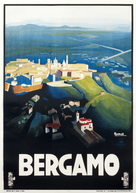 Futurist View of Bergamo and surrounding countryside; green, blue, peach, black