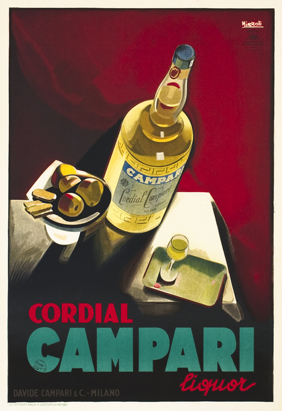 Cubist still life of bottle, fruit and glass on table; red, green, yellow, black