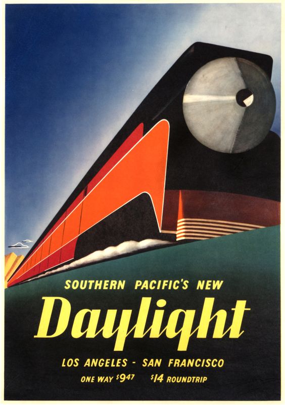 Train speeds past text at bottom; green, blue, black, orange, yellow, red