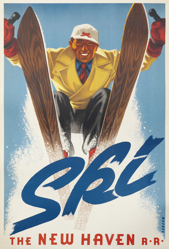 Smartly dressed Deco skier zooms out toward viewer; blue, red, brown, yellow