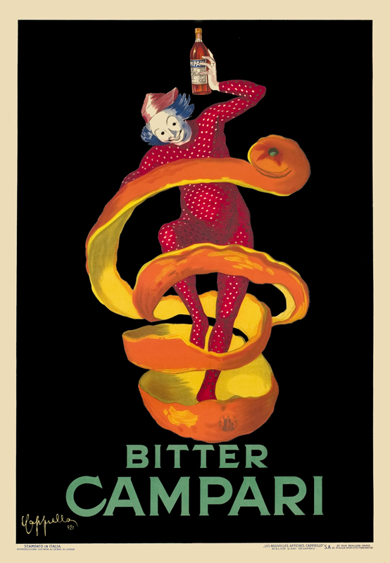 Jester in red costume emerges from orange peel holding bottle; orange, black, red, green