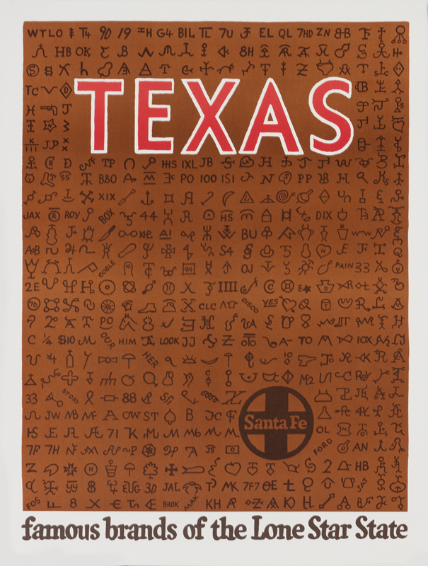 Rows of cattle brands from Texas ranches; brown, red, white