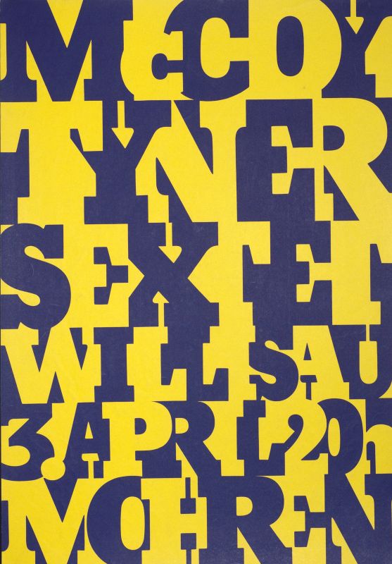 Typography spelling out band details; yellow, purple