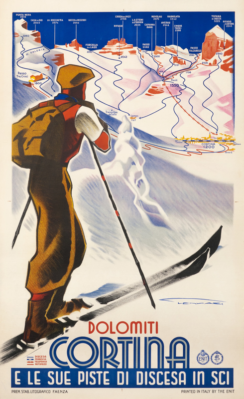 Man on skis with mountains, in front of labeled mountains; blue, red, brown, white
