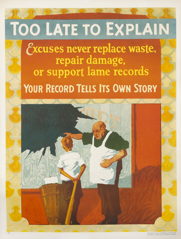 Boy with bat admonished outside broken window; orange, yellow, blue