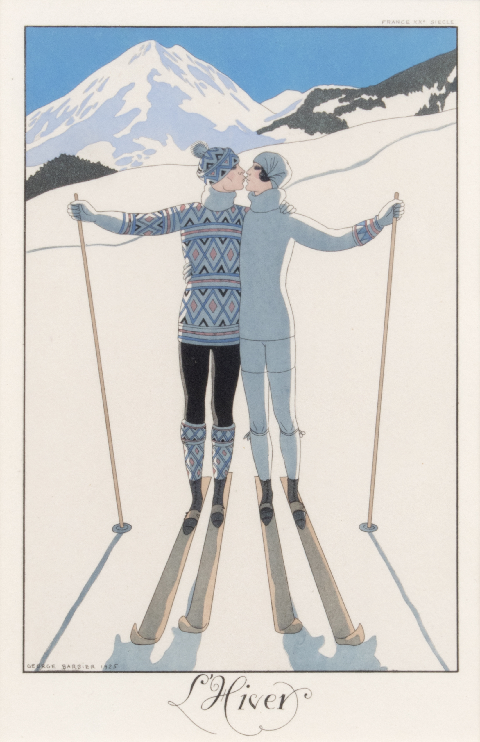 Couple kissing and skiing on mountain; blue, white