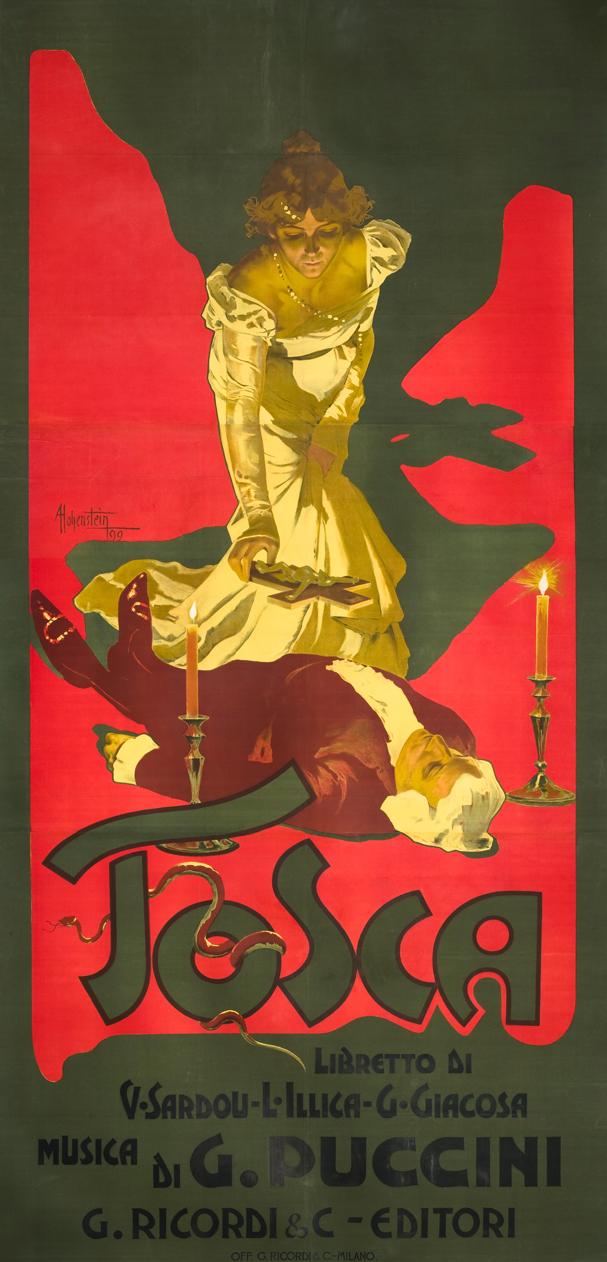 Heroine lays cross on the dead villain; green, red, yellow