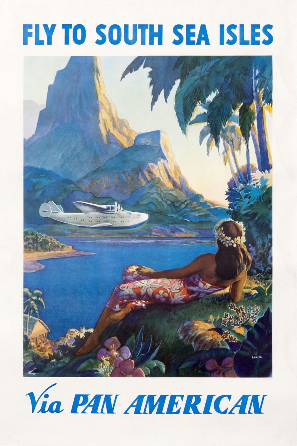 Boeing Clipper flies over island with native girl in foreground; blue, red