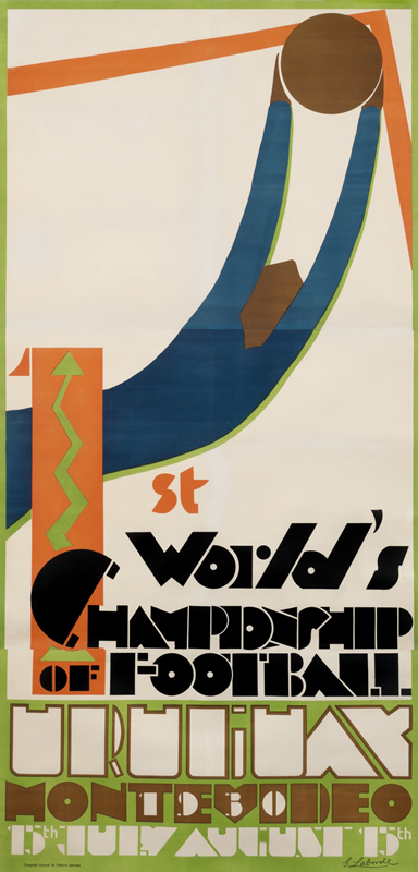 Abstract view of goalie leaping for soccer ball; orange, green, blue, tan