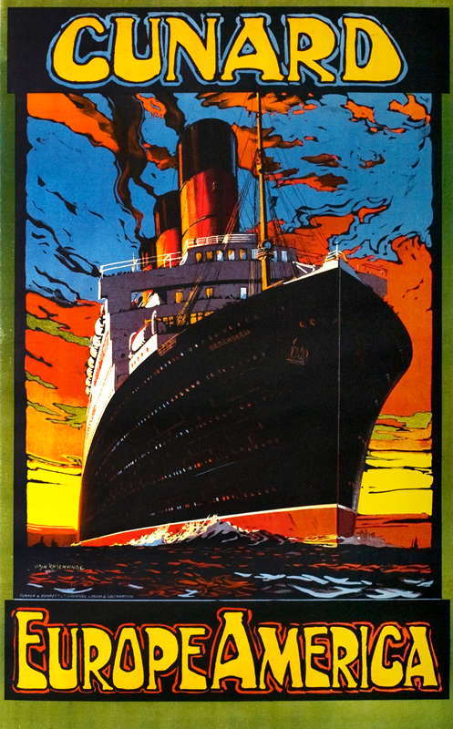 Ocean liner Berengaria steams ahead under fiery sunset; red, blue, black, yellow