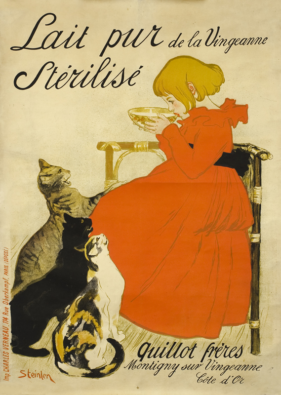 Child in red dress sips milk as cats watch; black, red, yellow
