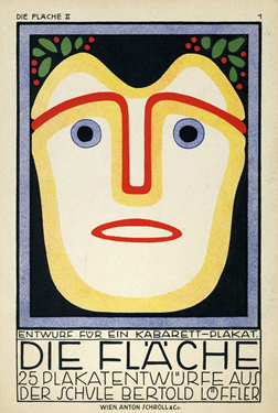 Mask-like face stares out at viewer with text below; blue, yellow, red, black