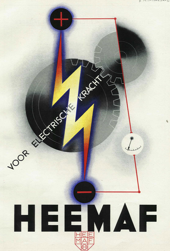 electricity bolt and gears; black, yellow, red