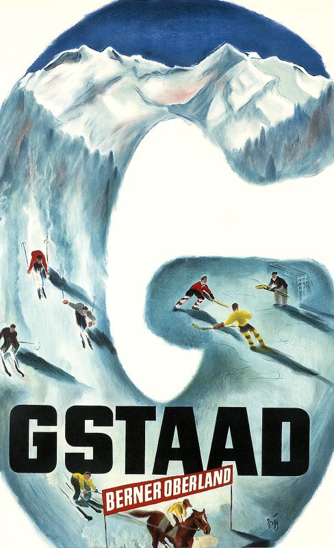 Letter G filled with mountains and winter sports scenes; blue, white