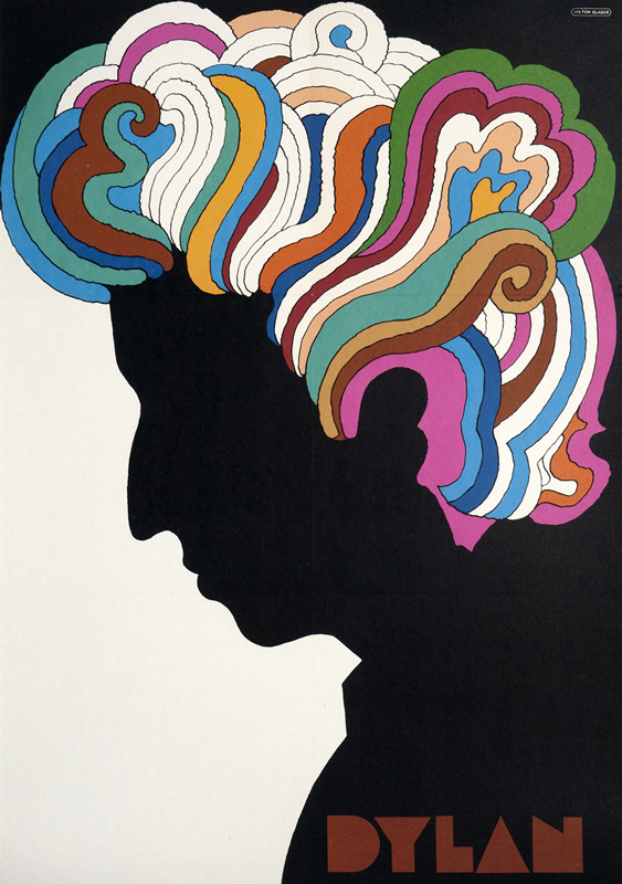 Profile of Bob Dylan with rainbow curly hair; black, red, teal, white