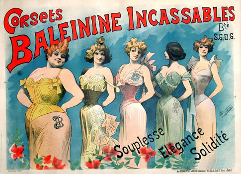 Five women in corsets; blue, red, yellow, pink