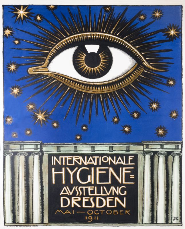 All-seeing eye floats above classical temple containing text; black, blue, white