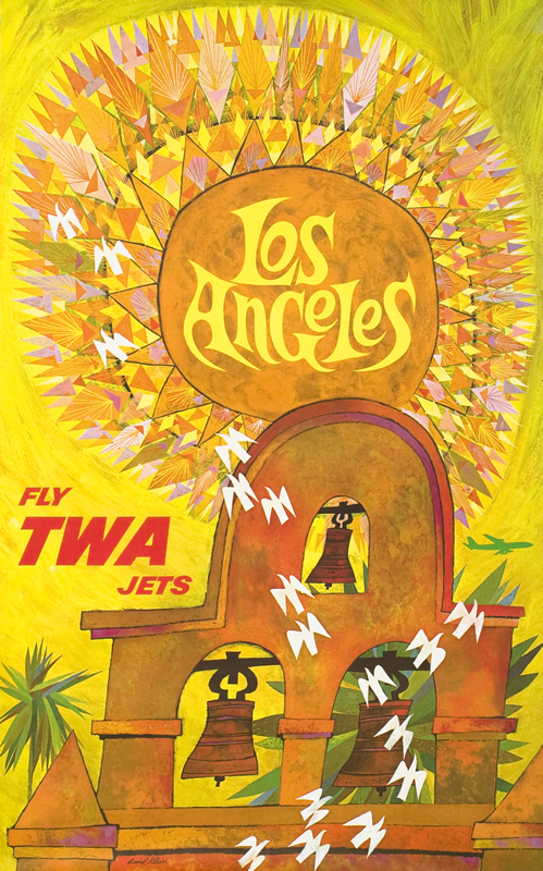 Birds fly and sun shines down on Los Angeles mission and bells; orange, yellow