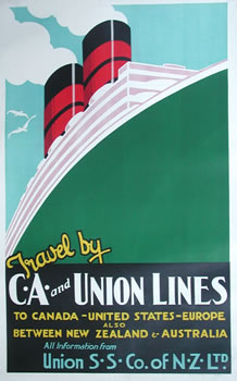 Ocean liner seen from below; green, red, black, yellow