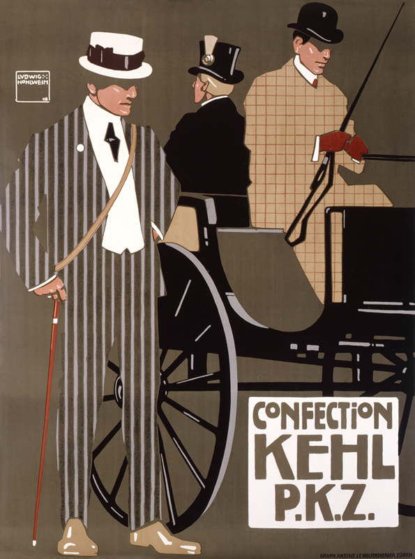 Dandy in striped suit examines carriage; black, brown, gray, tan