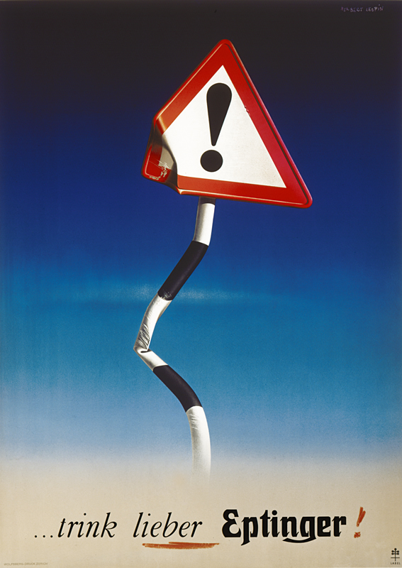 Crumpled danger sign with text beneath; blue, black, red, white