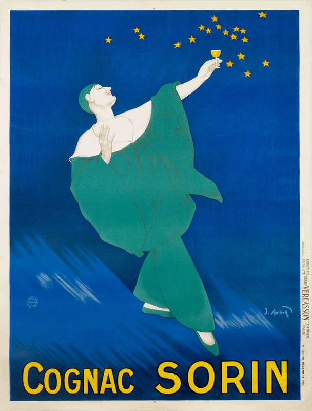 Pierrot figure toasts the sky; blue, turquiose