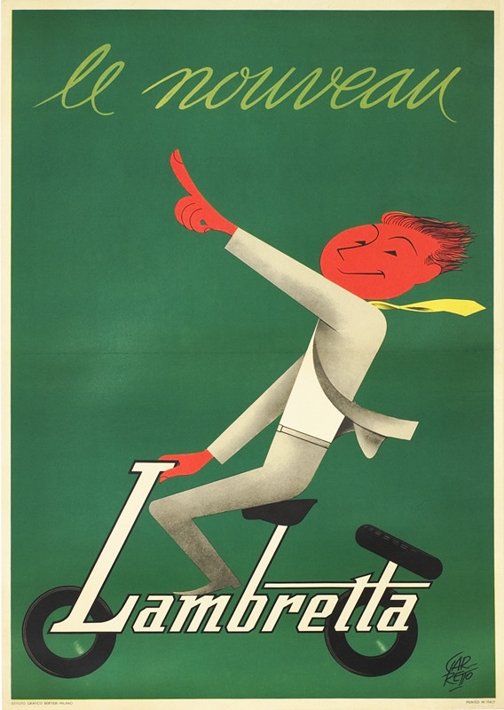 Man on motor scooter made of letters points to Innocenti logo; green, yellow