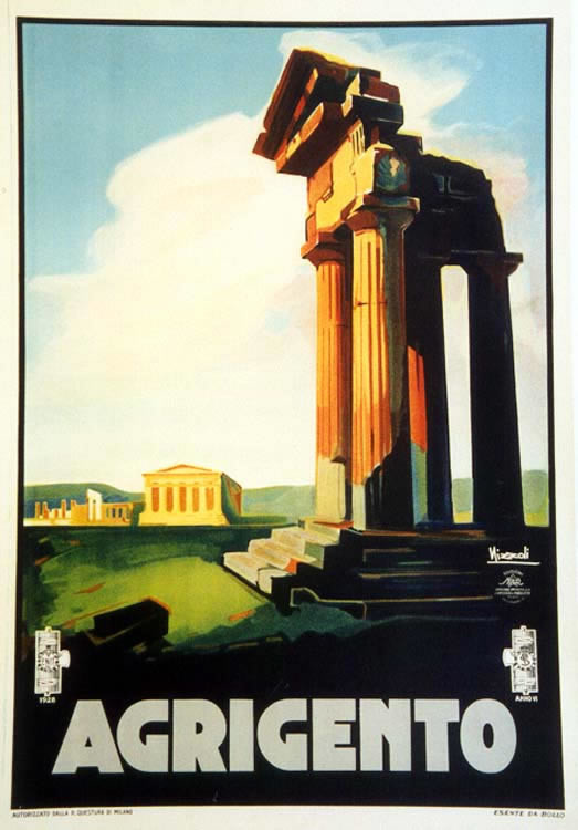 Roman ruins, columns in the sunlight in Sicily; green, blue, orange