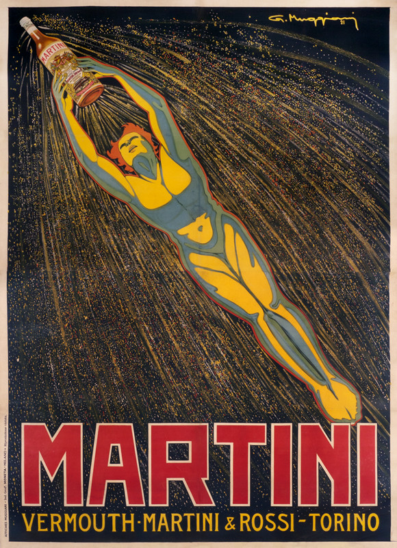 Naked man zooms though air holding a bottle overhead; red, yellow, black