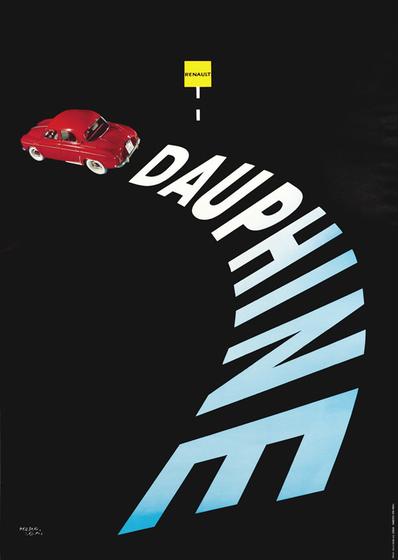 Dauphine curves like road, a red car drives on; black background, red, yellow, blue