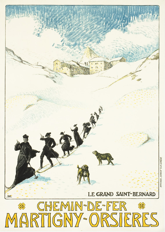 Benedictine monks ski down slope with St. Bernard dogs watching; blue, white, black, gray