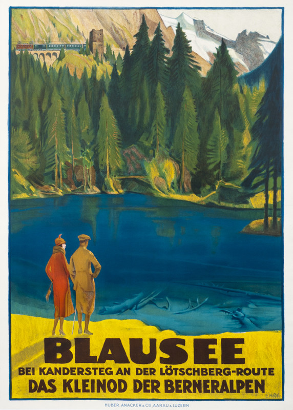 Couple look out over lake; blue, yellow, green