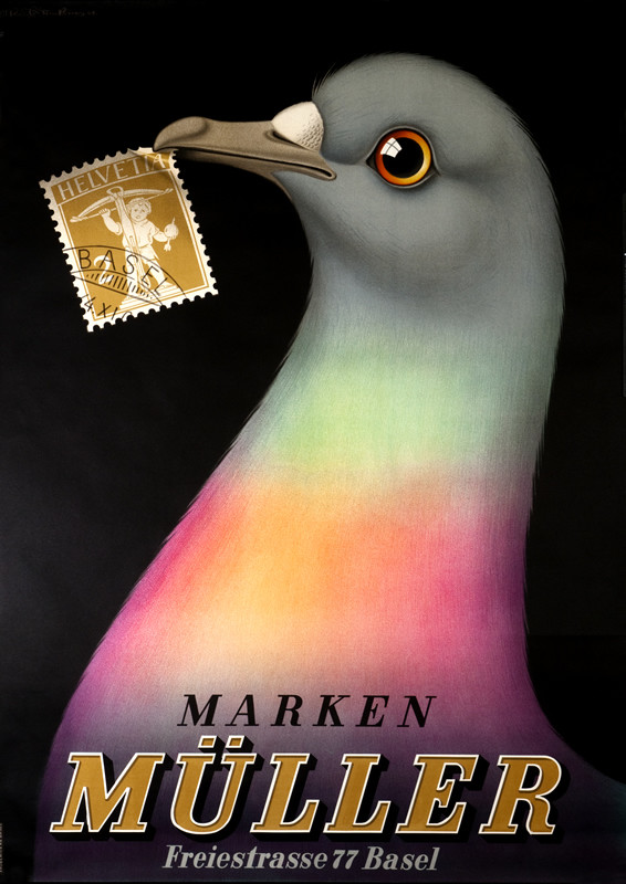 Carrier pigeon holds stamp in beak; black, pink, blue, yellow