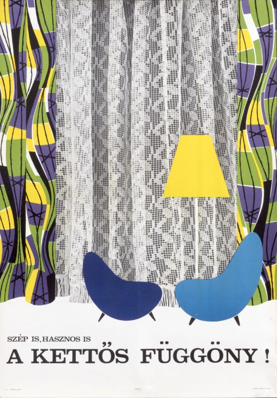 Abstract furniture against textile pattern and curtains; purple, green, yellow, blue, black