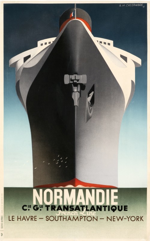 Ship bears down on viewer; blue, red, green, black, white