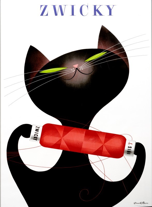 Cat plays with spool of yarn; white, black, red