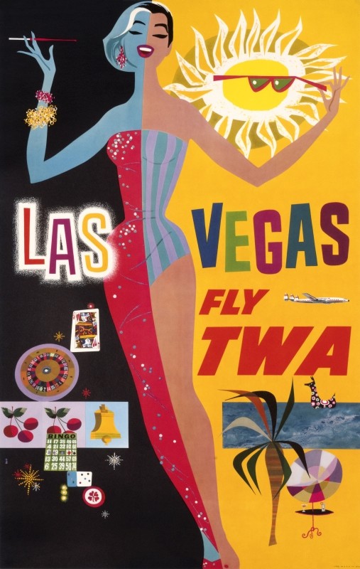 Glamorous woman half in evening dress, half in bathing suit with cards, roulette, sun, sea; black, yellow, red, blue