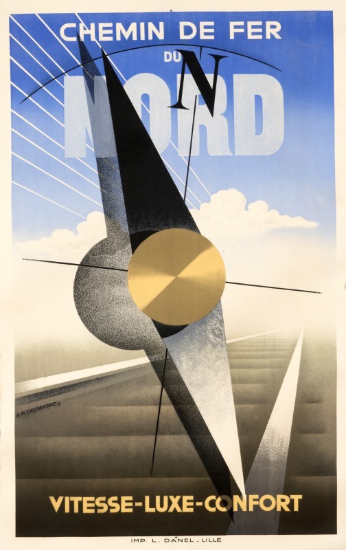 Compass needle and thin white train rail; gold, silver, blue, white, black