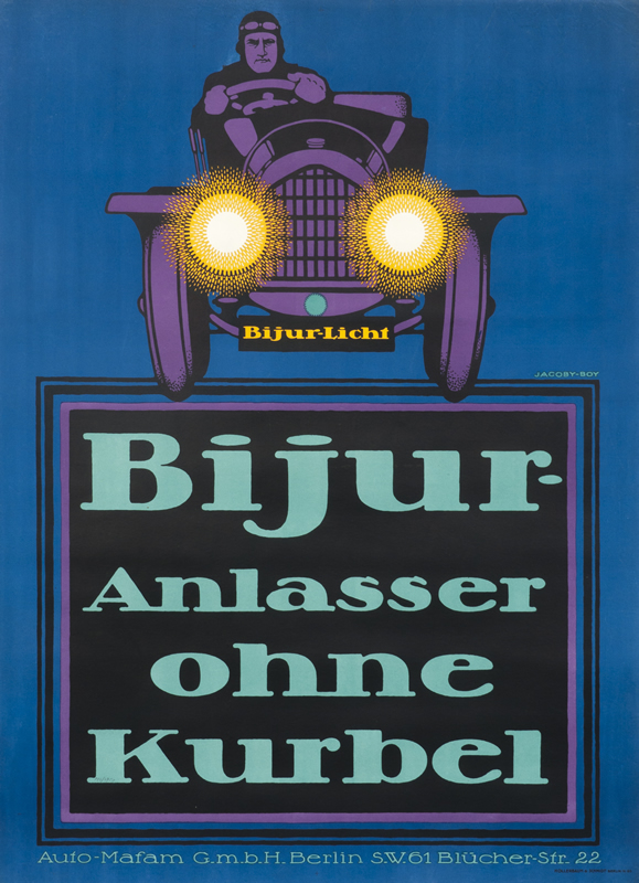 Car and driver drive towards viewer with lights on; blue, green, pink