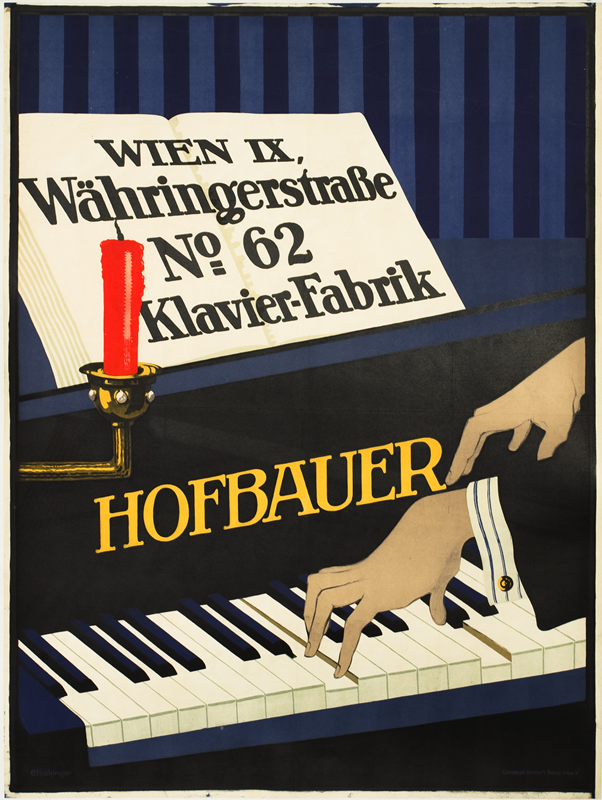 Man's hands playing Hofbauer brand piano; black, blue, red, gray