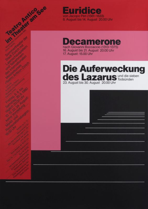 Black staircase and graphic lines; black, red, pink, white