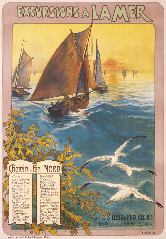 Sailboats at sunset, seaweed, and seagulls; green, blue, yellow, red