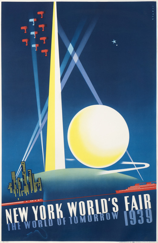 Perisphere and Trylon appear before cityscape with skyscrapers, with planes, train & ship interwoven; blue, yellow, red