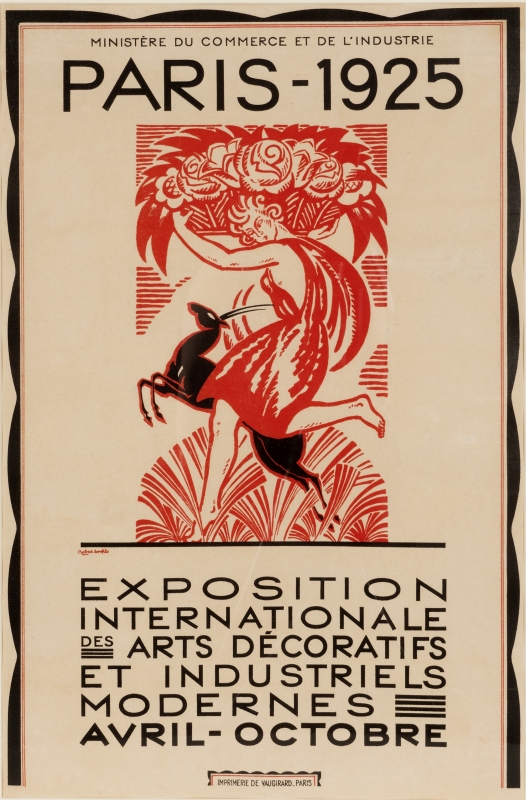 Woman frolicking with gazelle in woods with roses above; red, black