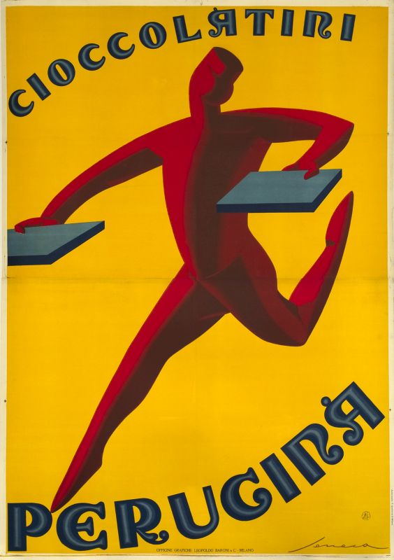 Stylized messenger boy delivers chocolates; yellow, red, blue