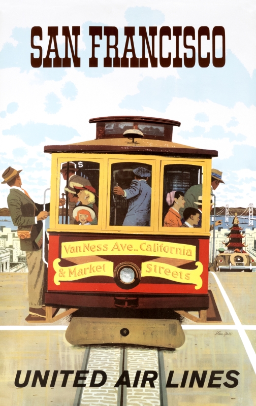 Tourists ride trolley down hill of San Francisco; brown, green, red, yellow