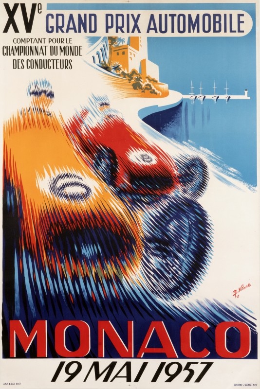 Cars race down speedway, coastline and dock to the side; red, blue, orange, white